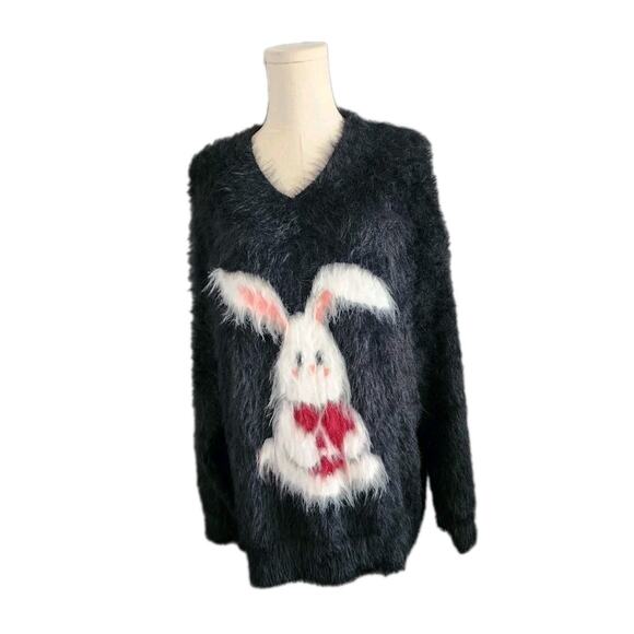 Aelfric Eden Womens Large Bunny Rabbit Jacquard Fuzzy Fur Sweater Streetwear - Picture 1 of 6
